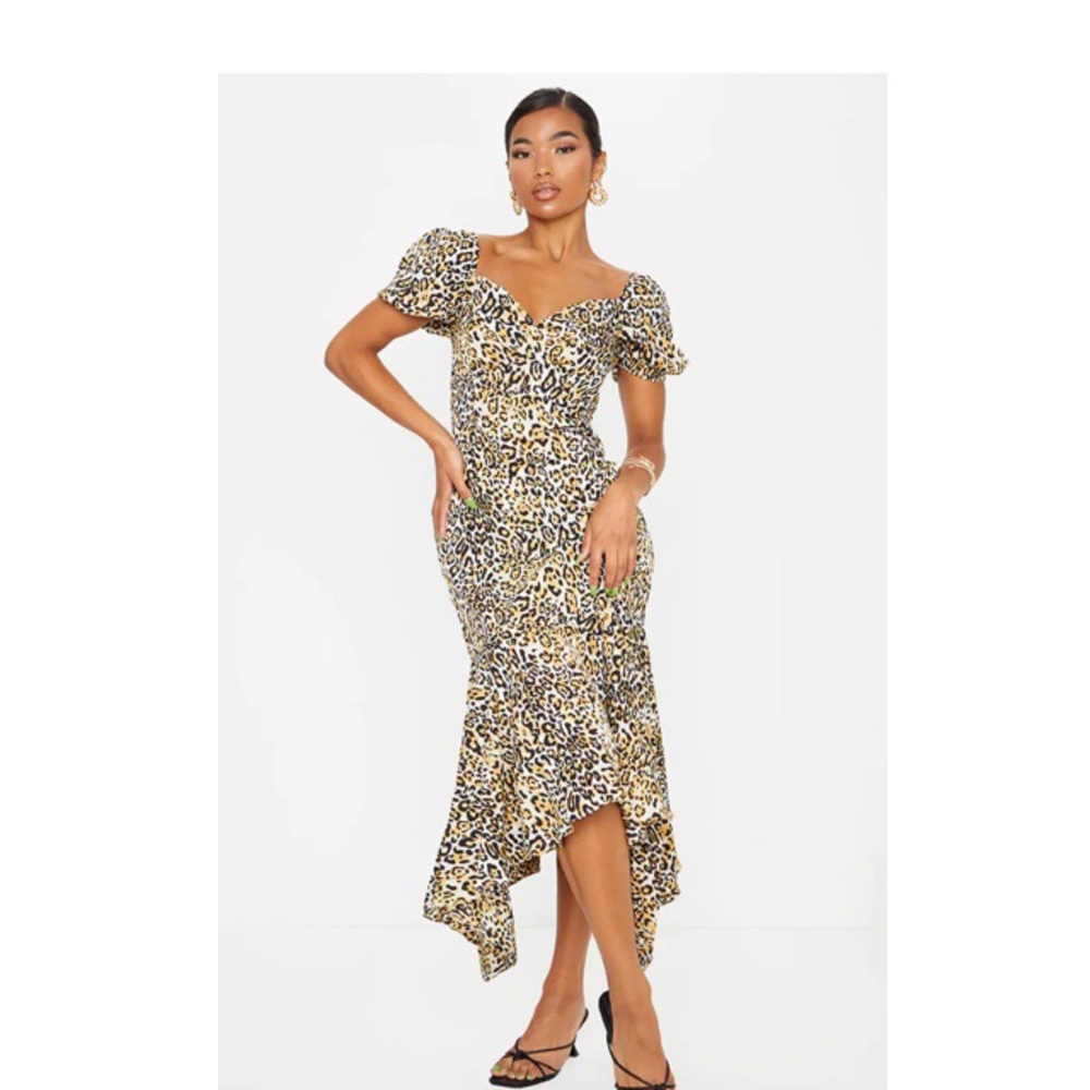 Leopard Fishtail Puff Sleeve Midi Dress